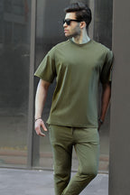 Erkek Rahat Yazlık Penye Oversize T-shirt Pijama Takımı - Haki - 1