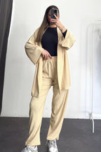 Kadın Dökümlü Bürümcük Yazlık Süper Yüksek Bel Kimono Takım - Krem - 1