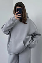 Kadın Oversize Trend Model Kanguru Cep Kapşonlu Sweatshirt Eşofman Takımı - Soft Gri - 3