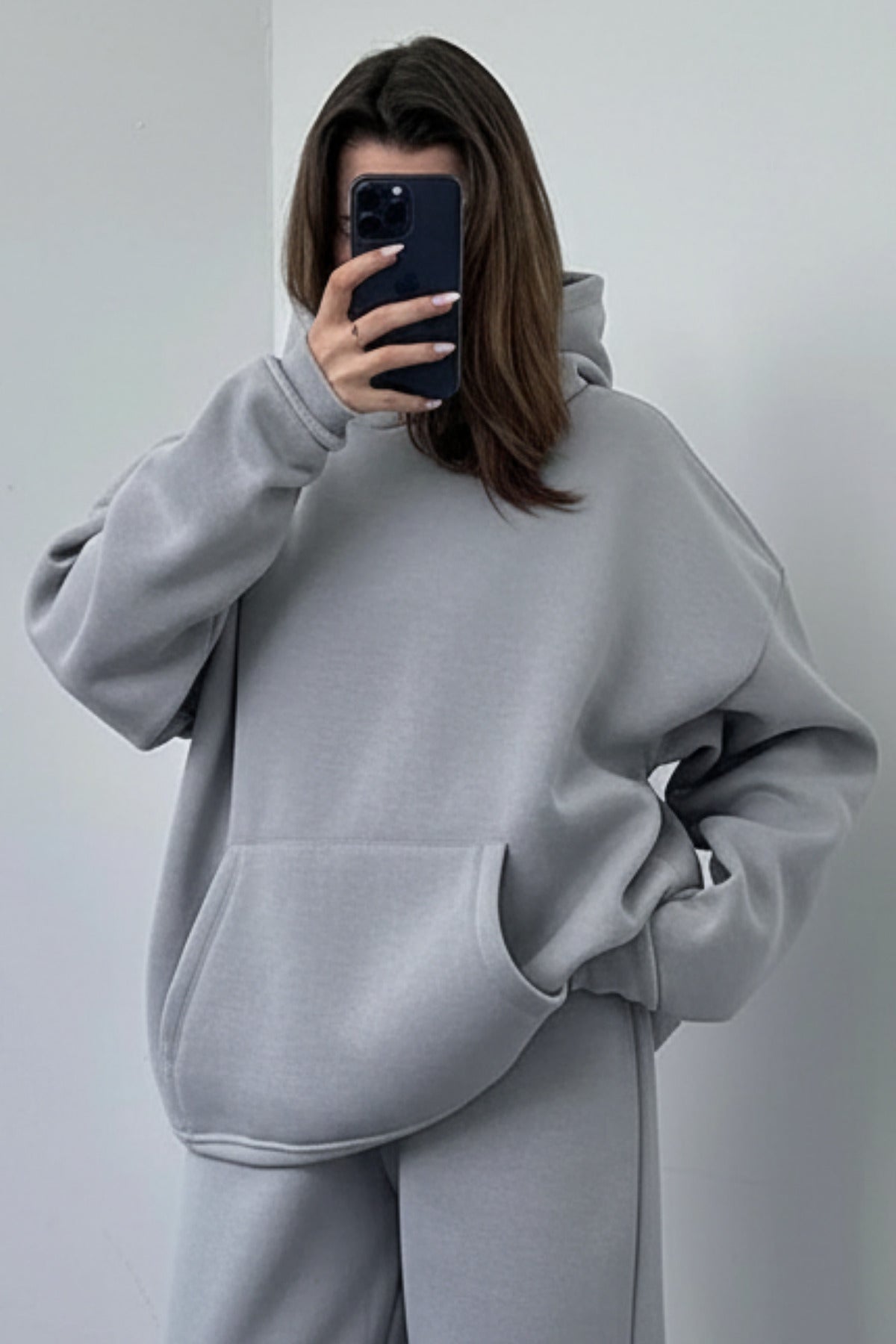 Kadın Oversize Trend Model Kanguru Cep Kapşonlu Sweatshirt Eşofman Takımı - Soft Gri - 3