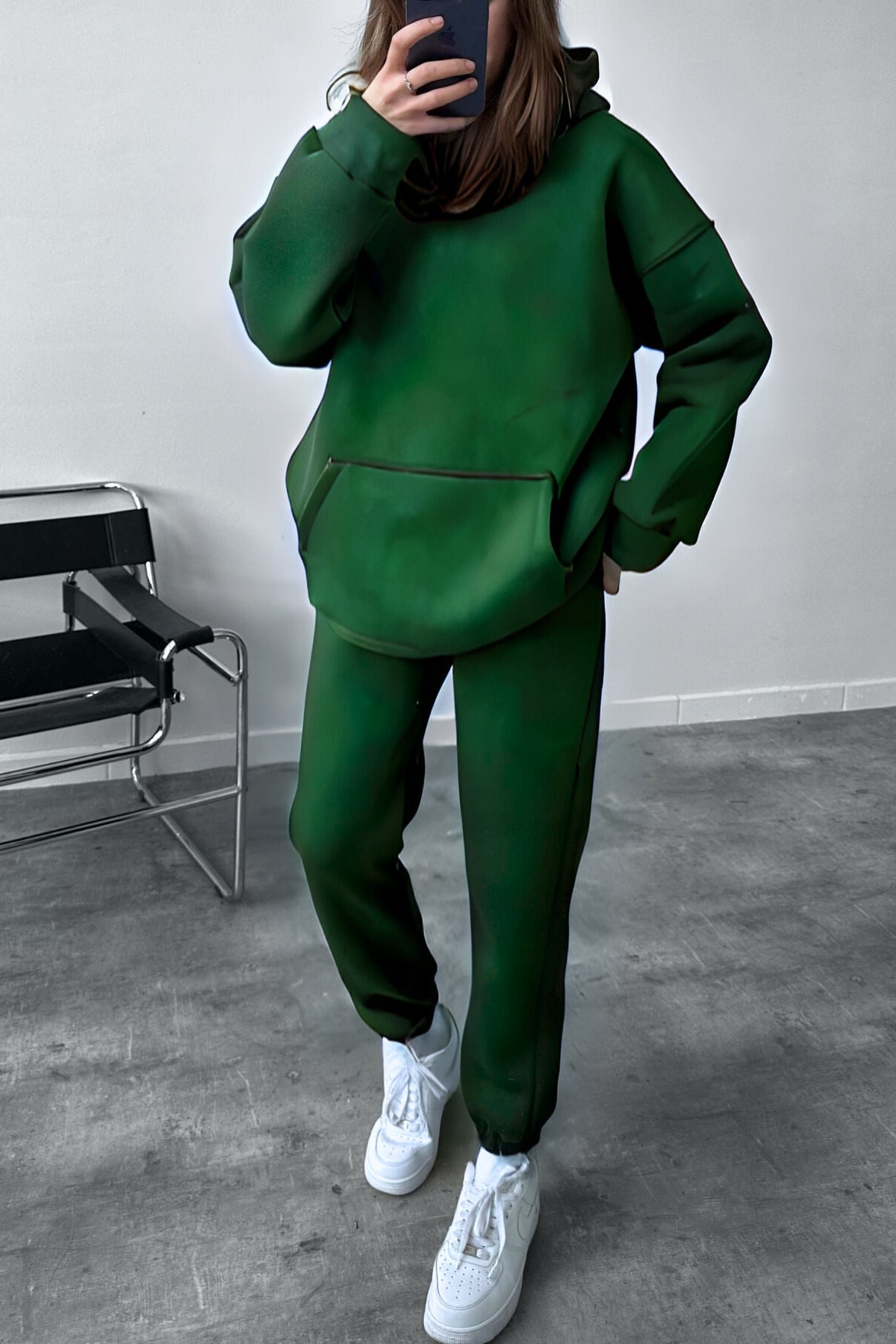 Kadın Oversize Trend Model Kanguru Cep Kapşonlu Sweatshirt Eşofman Takımı - Koyu Yeşil - 2