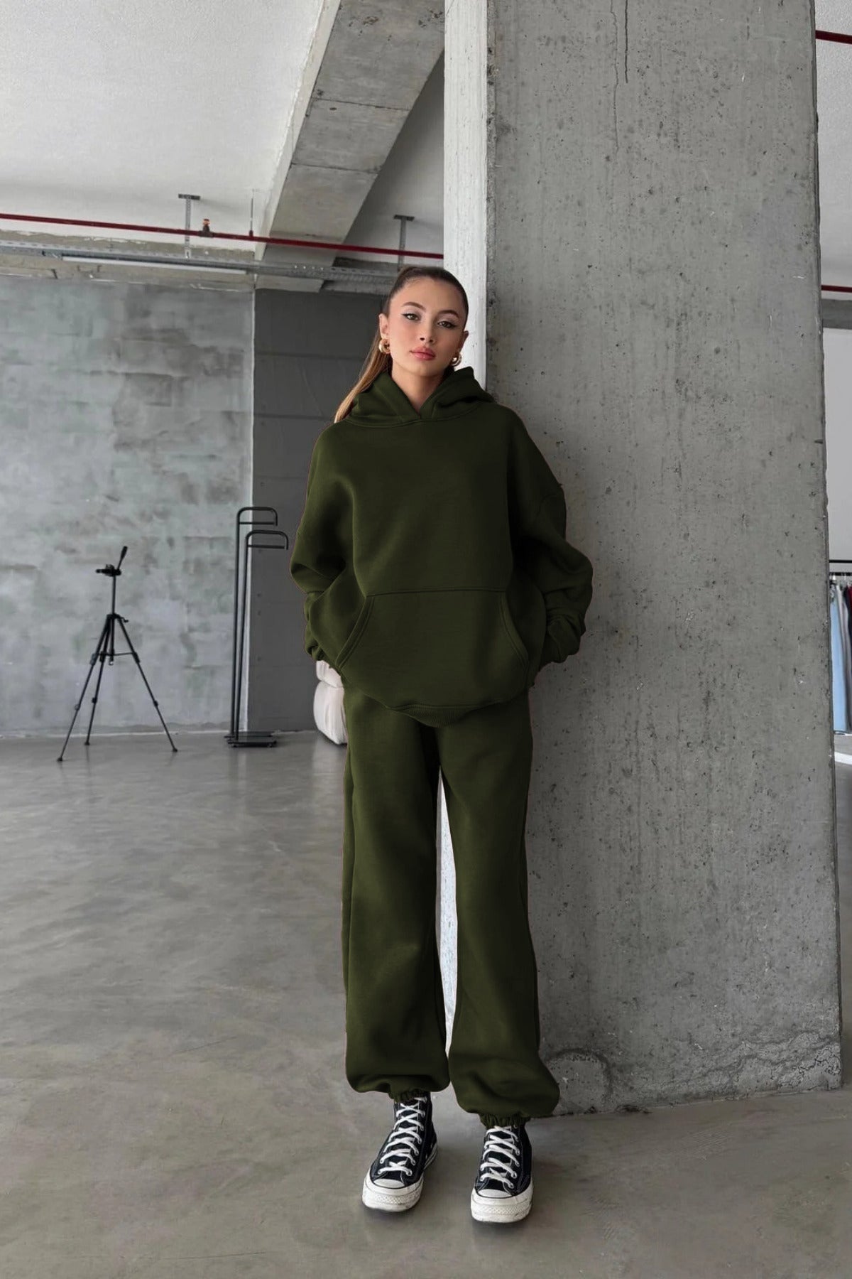 Kadın Paçası Lastikli Jogger Oversize Kışlık Eşofman Takımı - Haki - 1