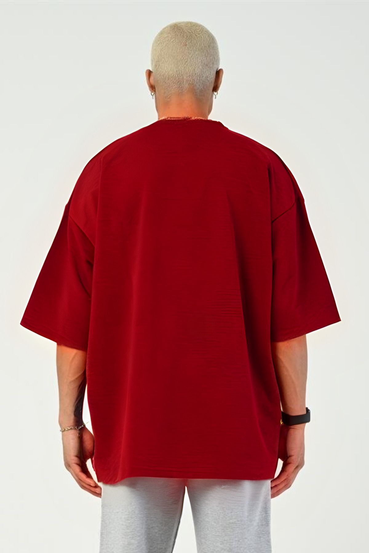 Erkek Oversize Penye Nefes Alan T-shirt - Kırmızı - 2