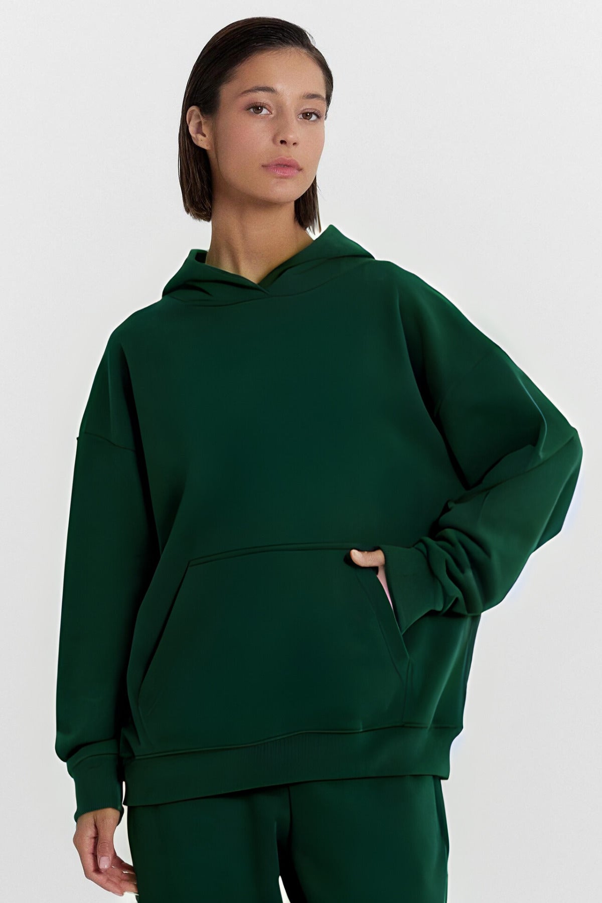 Kadın Baskısız Düz İ̇çi Şardonlu Kalın Kışlık Sweatshirt - Koyu Yeşil - 1