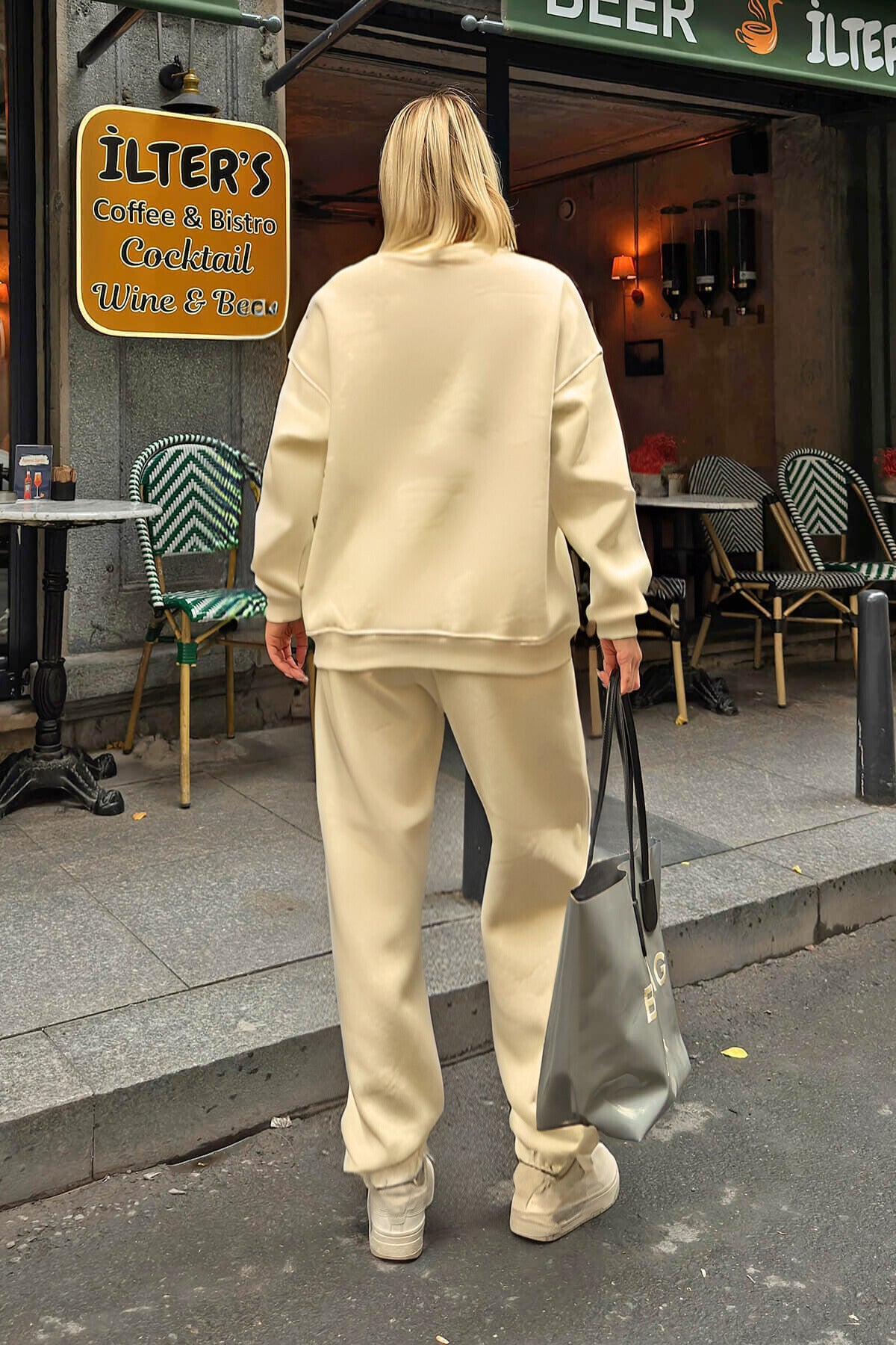 Kadın Oversize Puf Geniş Kalıp Basic Pamuklu Mevsimlik Rahat Eşofman Takımı - Vizon - 4