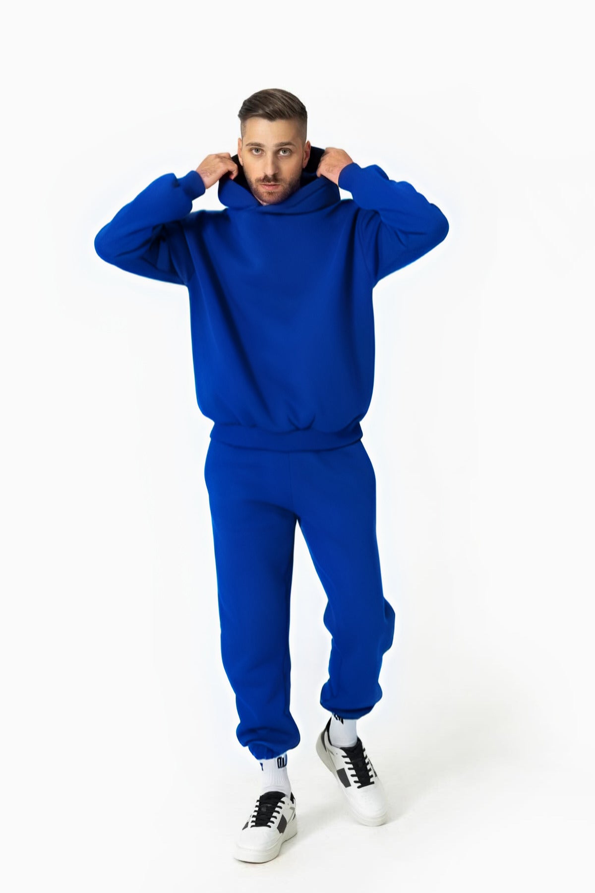 Erkek Oversize 3 İ̇plik Paçası Lastikli Eşofman Takımı - Saks Mavisi - 1