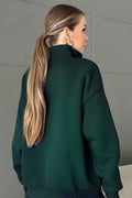 Unisex 3 İ̇plik Şardonlu Oversize Yarım Fermuarlı Sweatshirt - Koyu Yeşil - 1