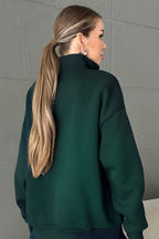 Unisex 3 İ̇plik Şardonlu Oversize Yarım Fermuarlı Sweatshirt - Koyu Yeşil - 1