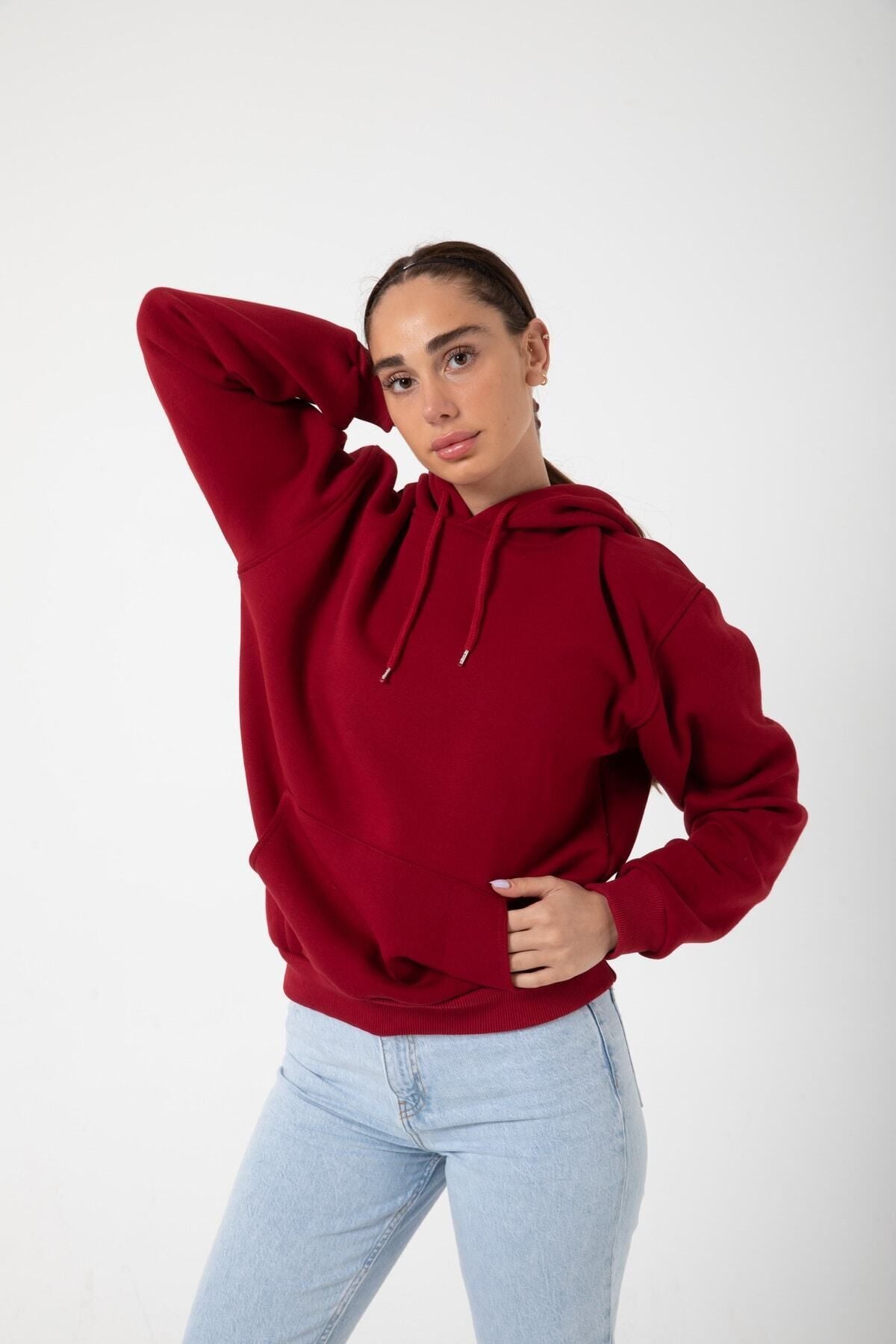 Kadin 3 İ̇pli̇k Kapşonlu Kanguru Cep 3 İ̇pli̇k Sweatshi̇rt - Bordo - 4