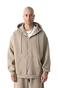 Erkek Basic Bej Unisex Tam Fermuar Sweatshirt Hırka - Bej - 1