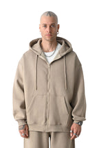 Erkek Basic Bej Unisex Tam Fermuar Sweatshirt Hırka - Bej - 1