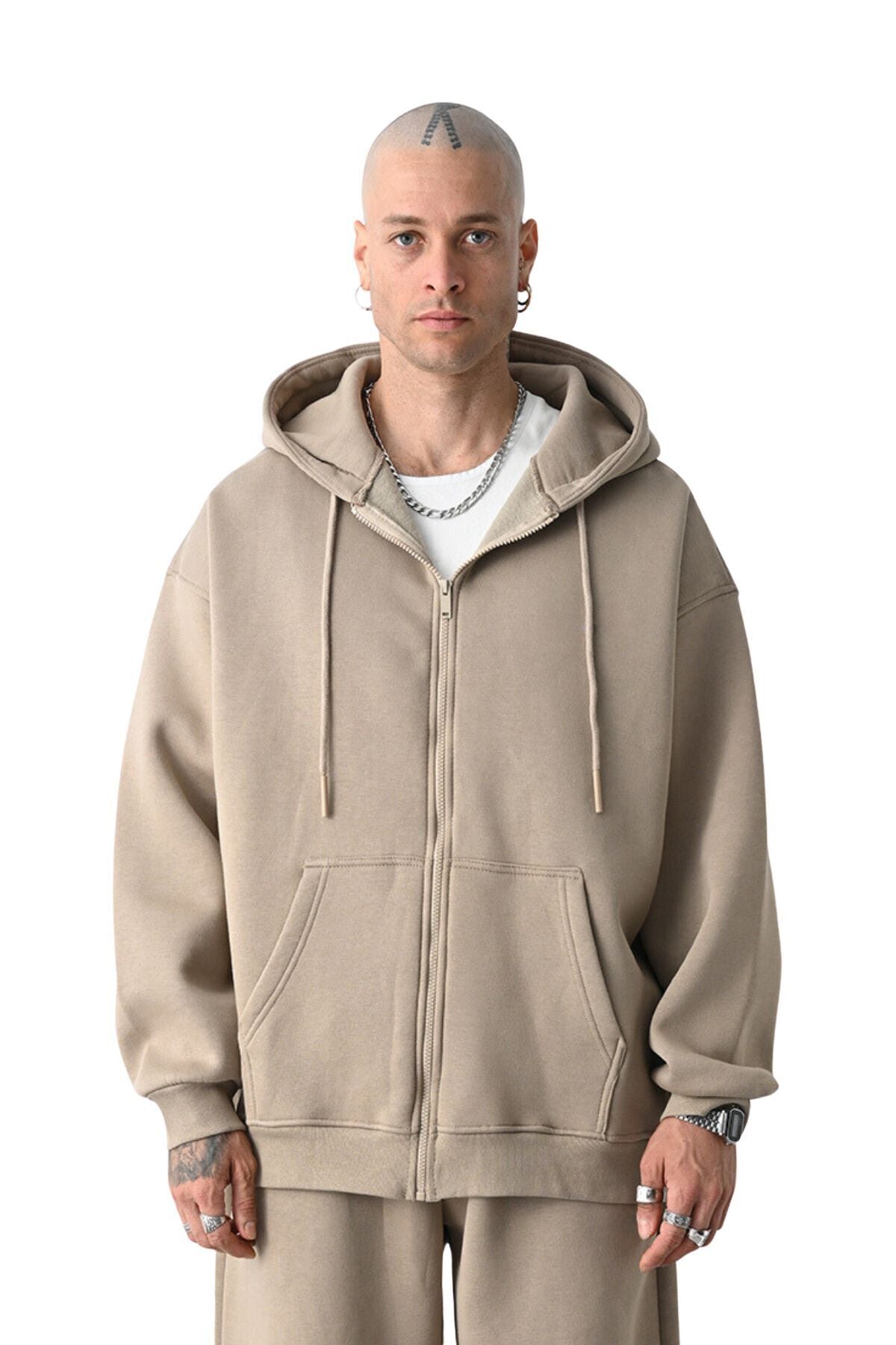 Erkek Basic Bej Unisex Tam Fermuar Sweatshirt Hırka - Bej - 1