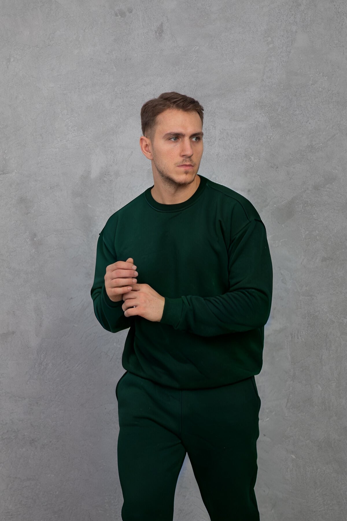 Erkek Bisiklet Yaka Oversize Salaş Bol Eşofman Takımı - Koyu Yeşil - 3