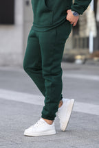 Erkek Bol Kesim Oversize 3 İ̇plik İ̇çi Pamuklu Şardonlu Lastikli Paça Jogger Kışlık Eşofman Altı - Koyu Yeşil - 2