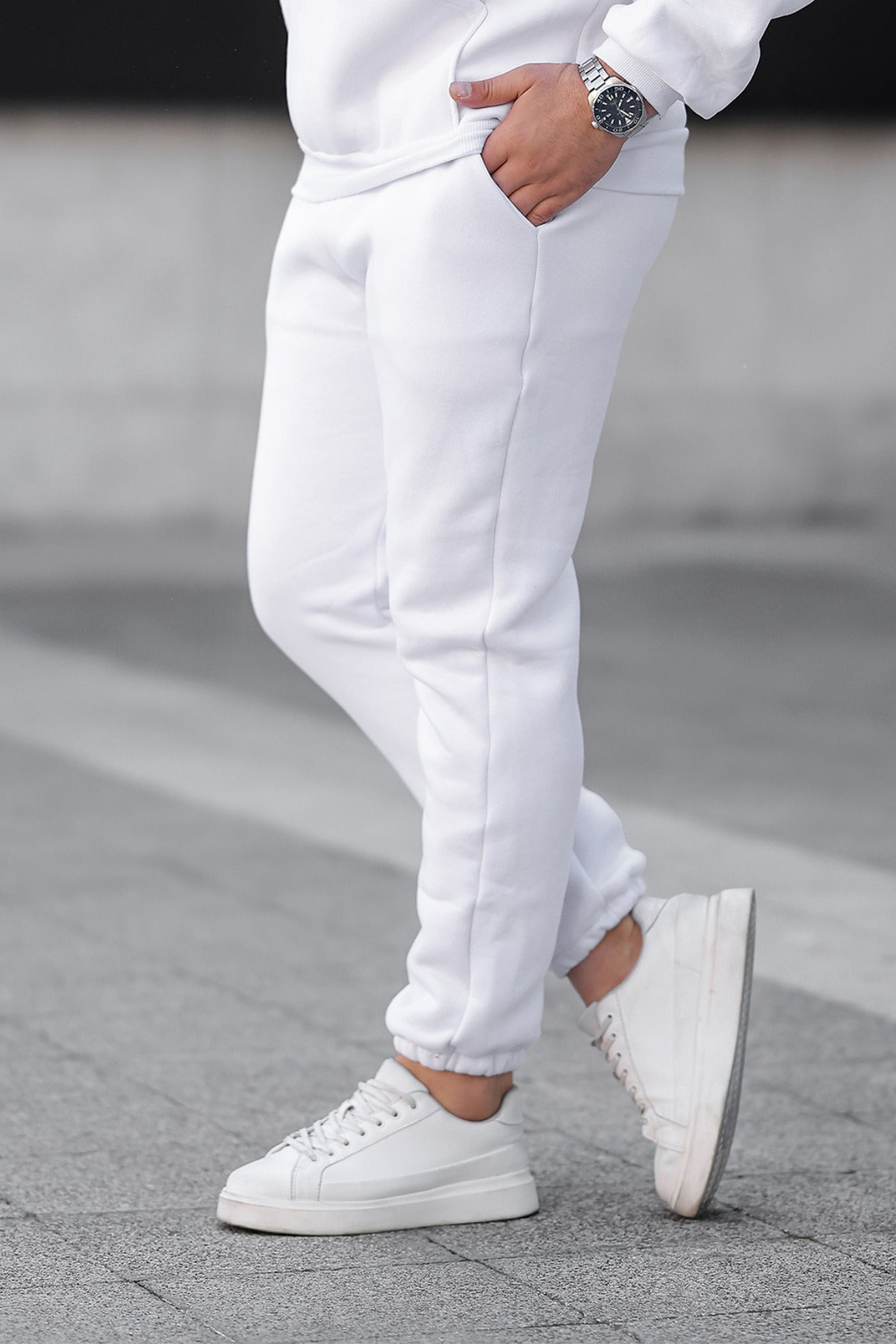 Erkek Bol Kesim Oversize 3 İ̇plik İ̇çi Pamuklu Şardonlu Lastikli Paça Jogger Kışlık Eşofman Altı - Beyaz - 2