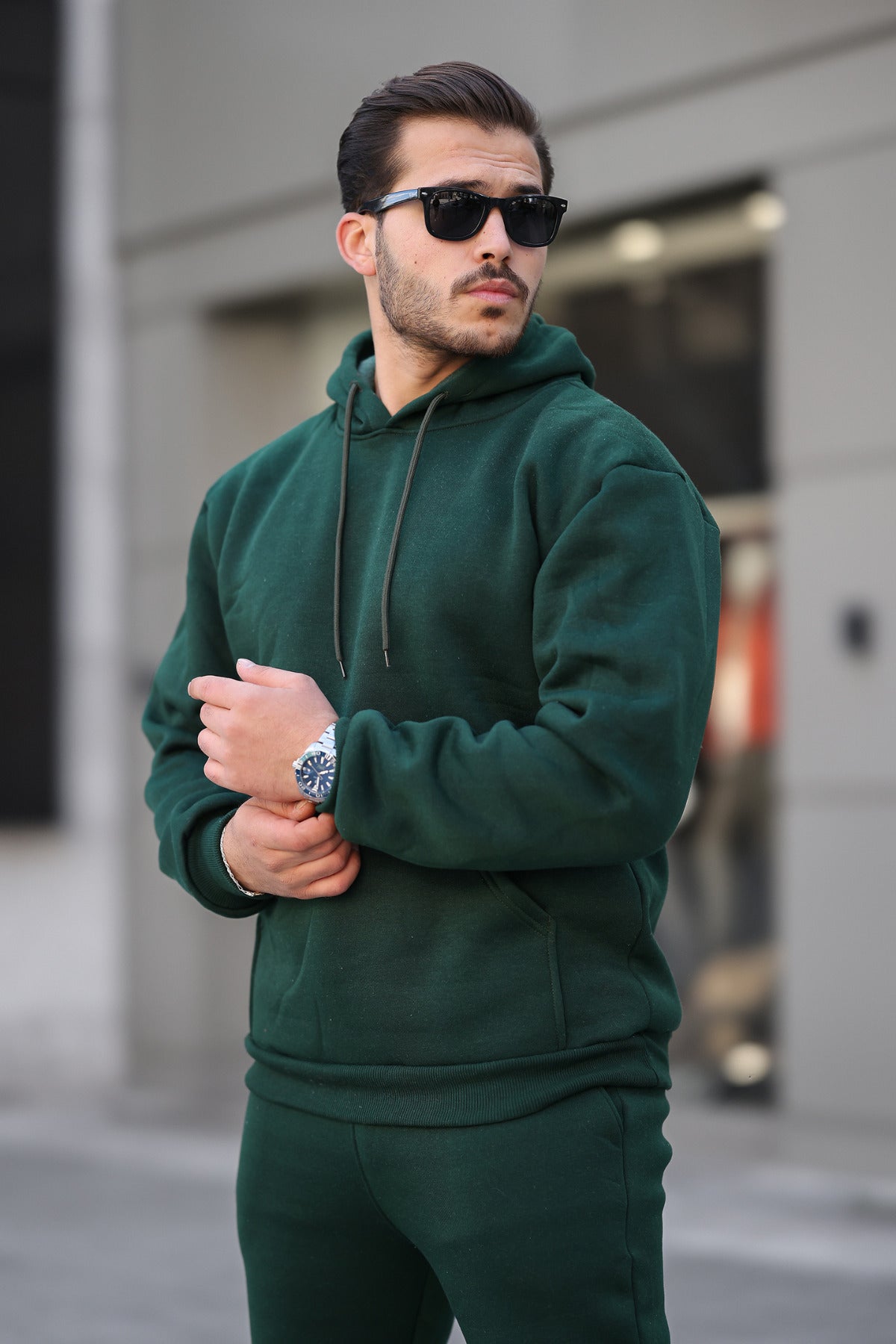 Erkek Bol Kesim Oversize 3 İ̇plik İ̇çi Pamuklu Şardonlu Kanguru Cep Kapşonlu Kışlık Hoodie Sweatshirt - Koyu Yeşil - 3