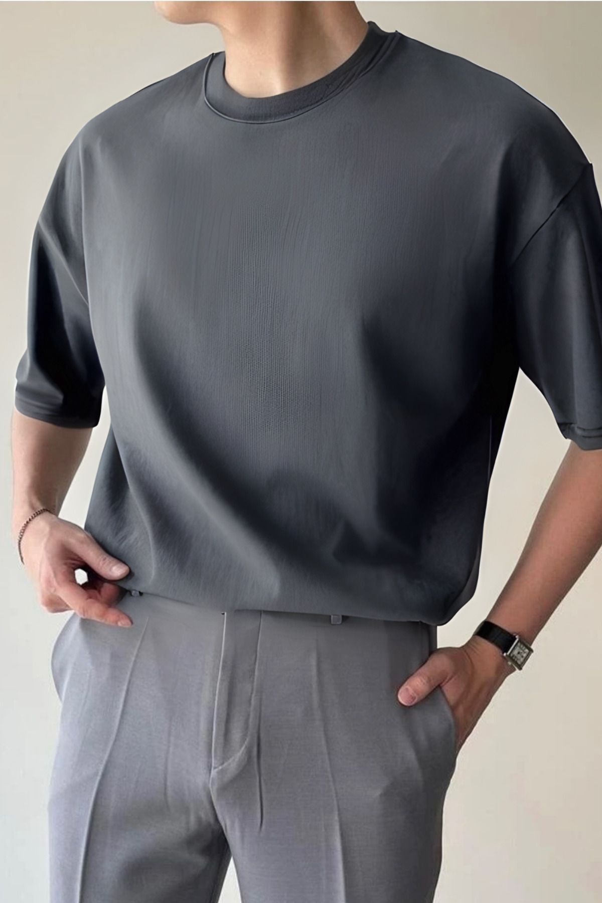 Erkek Oversize Kısa Kollu Bisiklet Yaka Tişört - Füme - 1