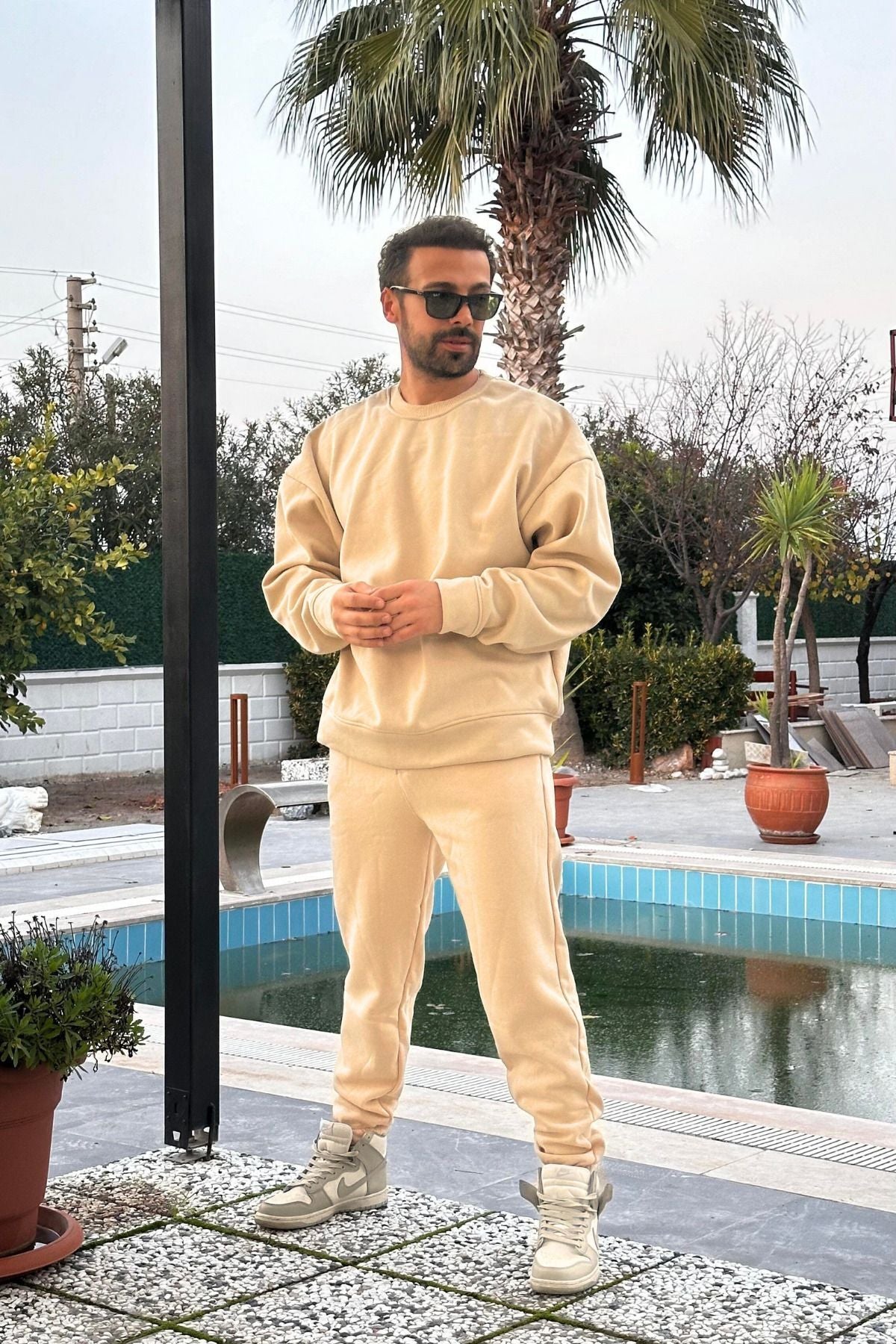 Erkek Unisex 3 İ̇plik Mi̇nk Takim Bisiklet Yaka Sweatshirt Ve Eşofman Altı - Vizon - 4