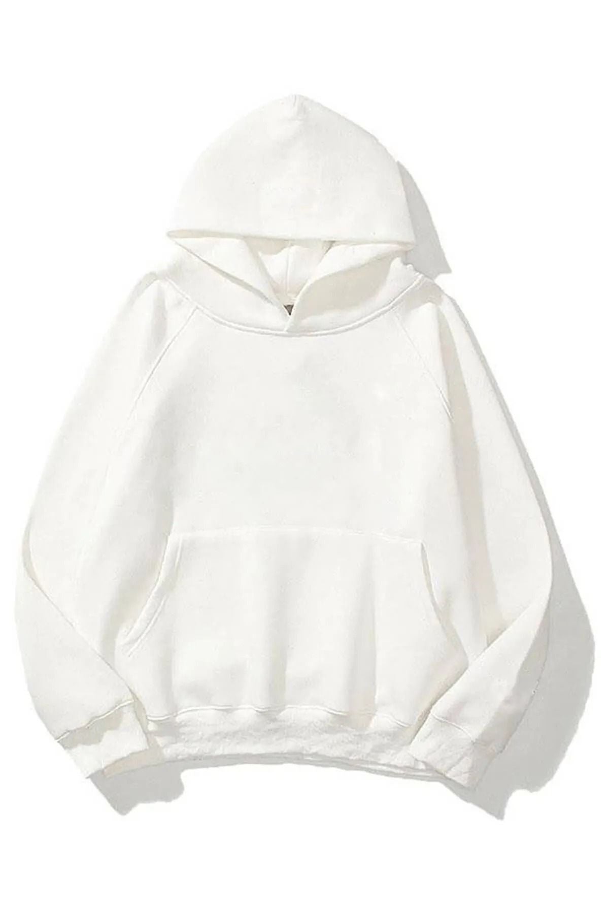 Unisex Oversize Kapşonlu Hoodie Pamuklu Beyaz Sweatshirt - Beyaz - 1