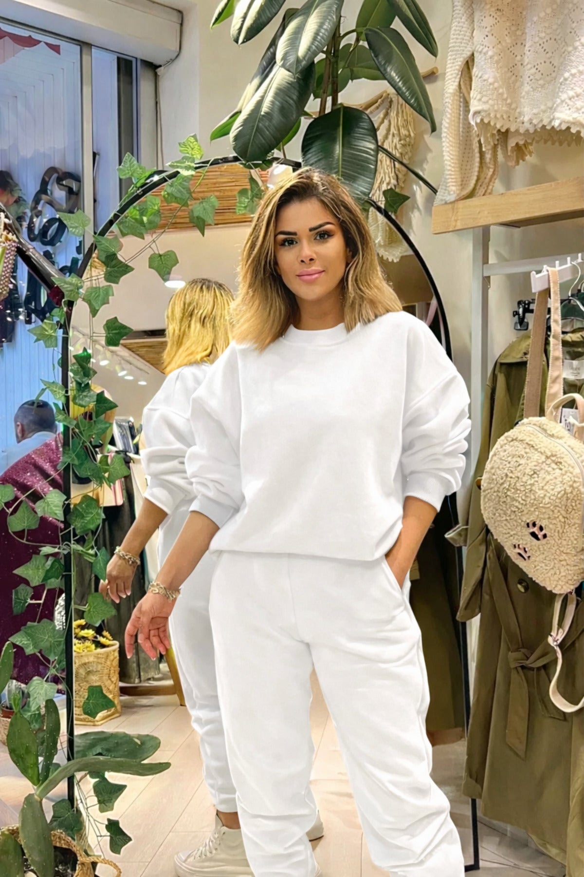 Kadın Bisiklet Yaka Oversize Şardonlu Eşofman Takımı - Beyaz - 2