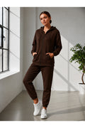 Kadin 3 İ̇pli̇ş Kapüşonlu Fermuarli Sweatshirt Hirka Yüksek Bel Jogger Eşofman Takimi - Kahverengi - 1