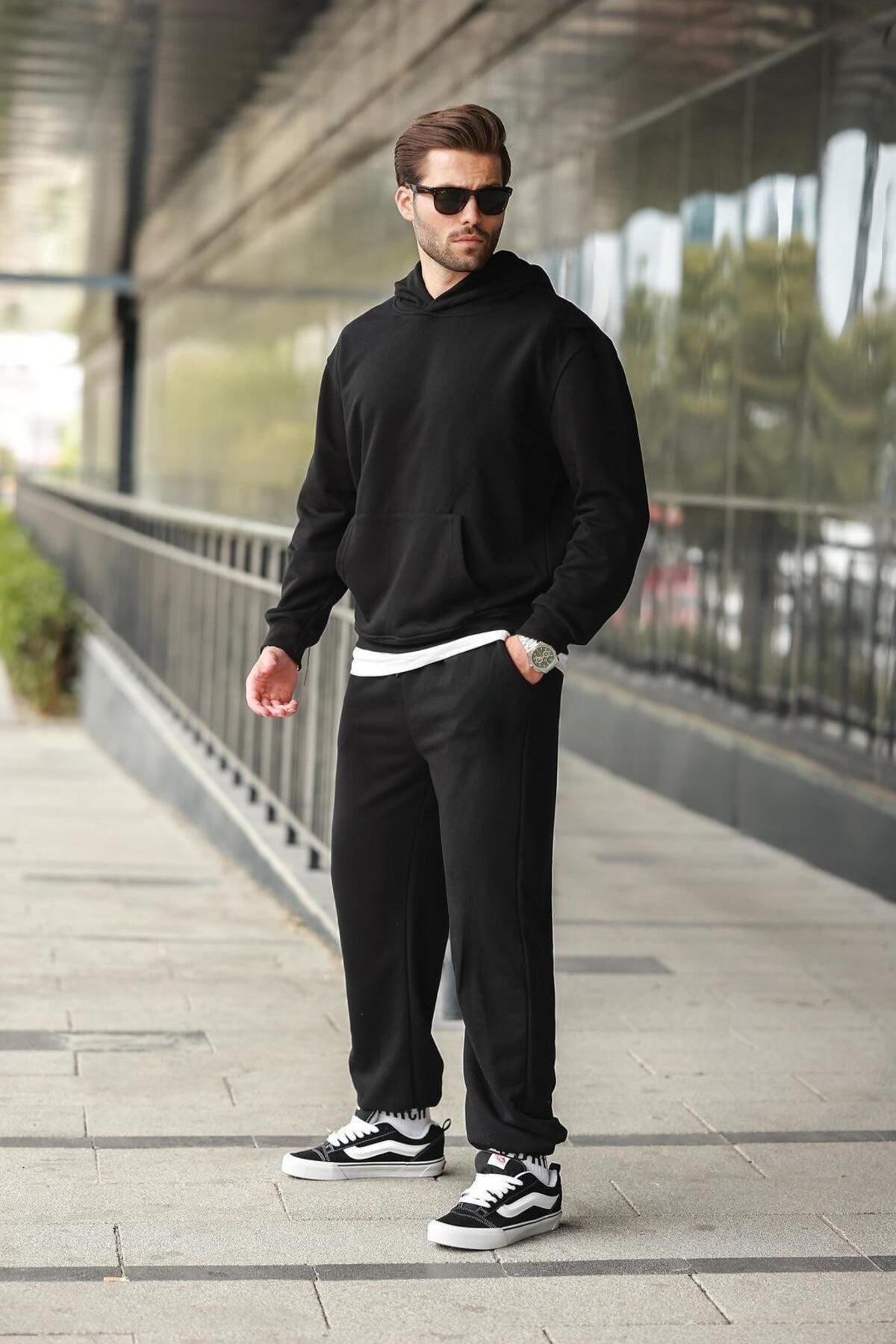 Erkek Hoodie Bol Paça Baggy Salaş Kapşonlu Rahat Kesim Eşofman Takımı - Siyah - 2