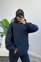 Kadın Oversize Trend Model Kanguru Cep Kapşonlu Sweatshirt Eşofman Takımı - Lacivert - 6