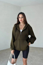 Kadın 3 İ̇plik Oversize Kapüşonlu Fermuarlı Hırka Sweatshirt - Haki - 1