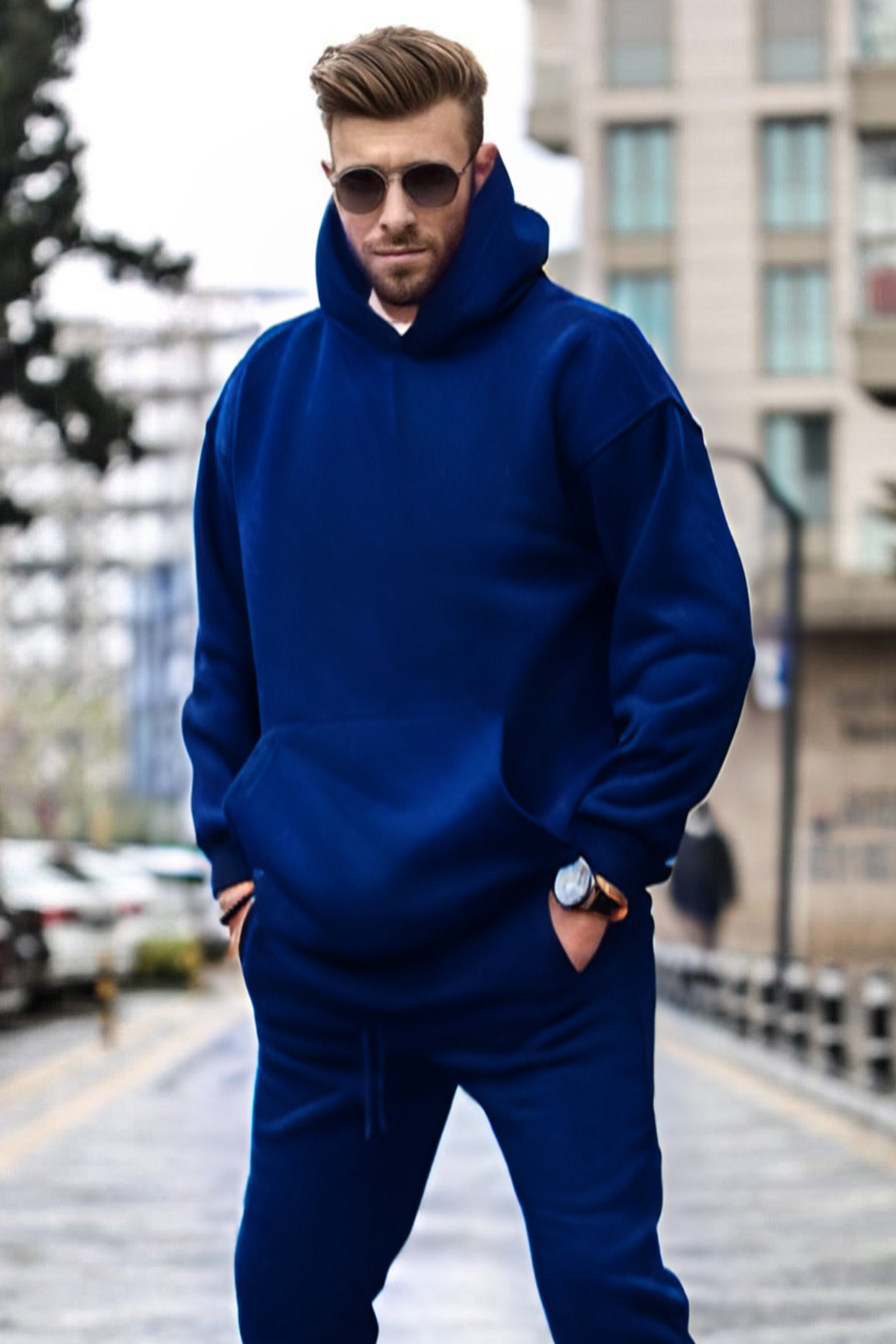 Erkek 3 İplik Kapşonlu Yaka Kalın Sweatshirt Pamuklu - Saks Mavisi - 2