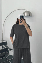 Kadın Modal Penye Yüksek Bel Oversize Alt Üst Takım - Antasit Melanj - 2