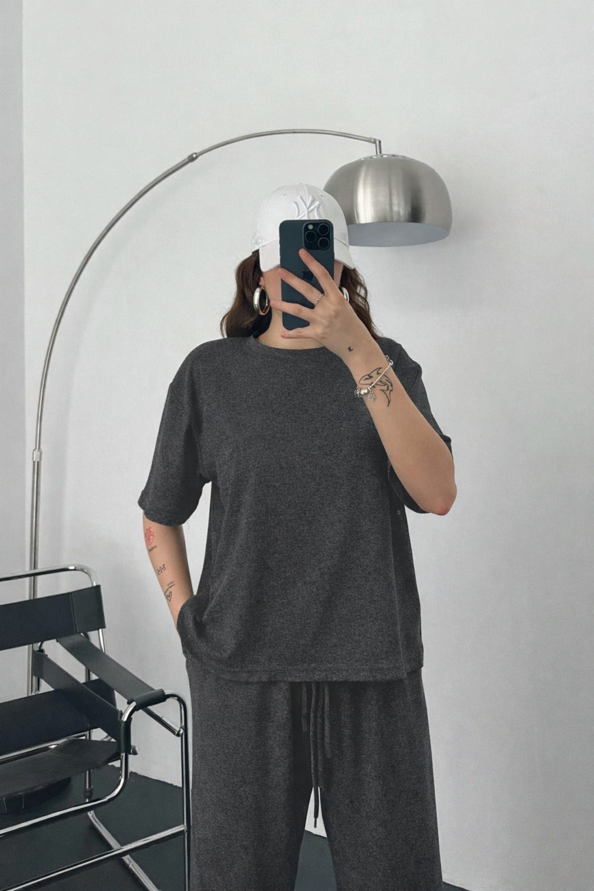 Kadın Modal Penye Yüksek Bel Oversize Alt Üst Takım - Antasit Melanj - 2