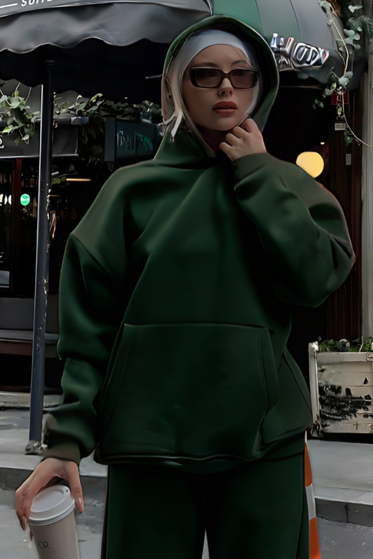 Premium Kalite 3 İplik Sweatshirt Kapuşonlu - Haki - 1