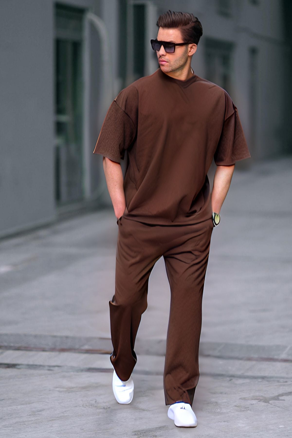 Erkek Açik Kahve Rahat Kısa Kollu T-shirt Ve Pijama Takımı - KAHVE - 1