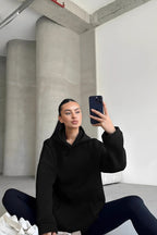 Kadın Kapşonlu Sweatshirt - Siyah - 1