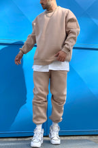 Oversize Pamuklu Kalın Bisikletyaka Eşofman Takımı - Vizon - 4