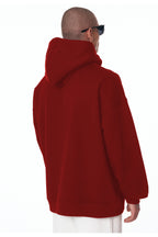 Erkek Bol Kesim Oversize 3 İ̇plik İ̇çi Pamuklu Şardonlu Kanguru Cep Kapşonlu Kışlık Hoodie Sweatshirt - Kırmızı - 3