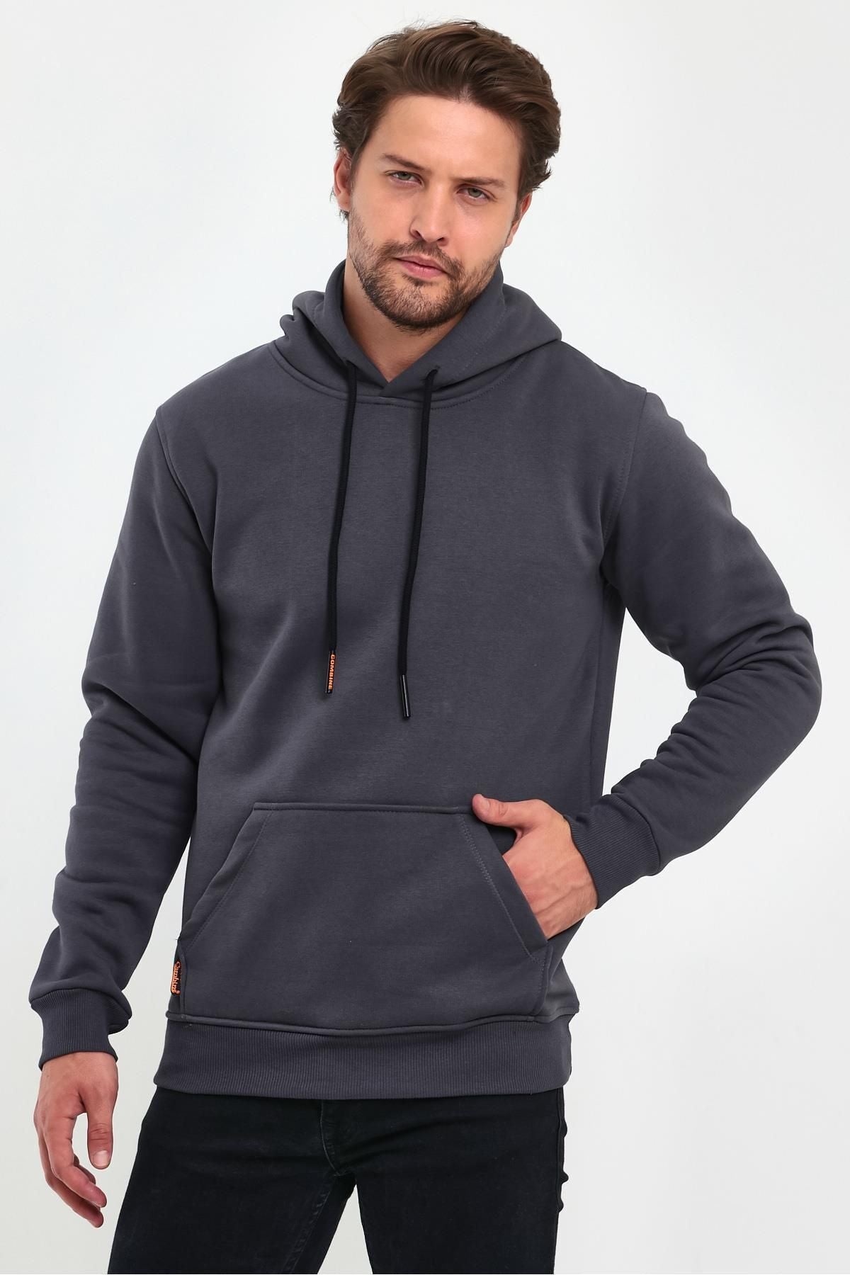 Erkek Kapşonlu Kanguru Cepli̇ 3 İ̇pli̇k Kalin Sweatshi̇rt - Füme - 3