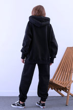 Kadın Yüksek Bel 3 İ̇plik Kalın Şardonlu Oversize Fit Jogger Eşofman Takımı - Lacivert - 4