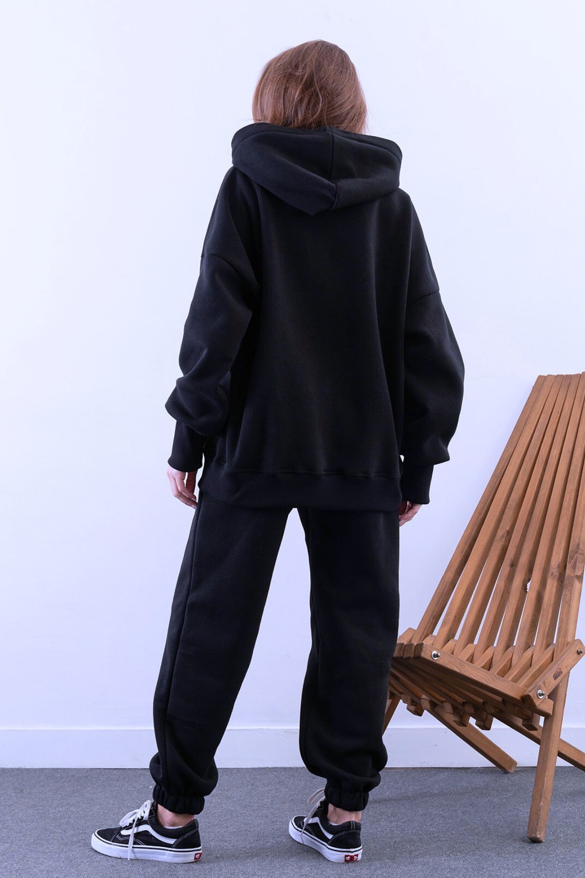 Kadın Yüksek Bel 3 İ̇plik Kalın Şardonlu Oversize Fit Jogger Eşofman Takımı - Lacivert - 4