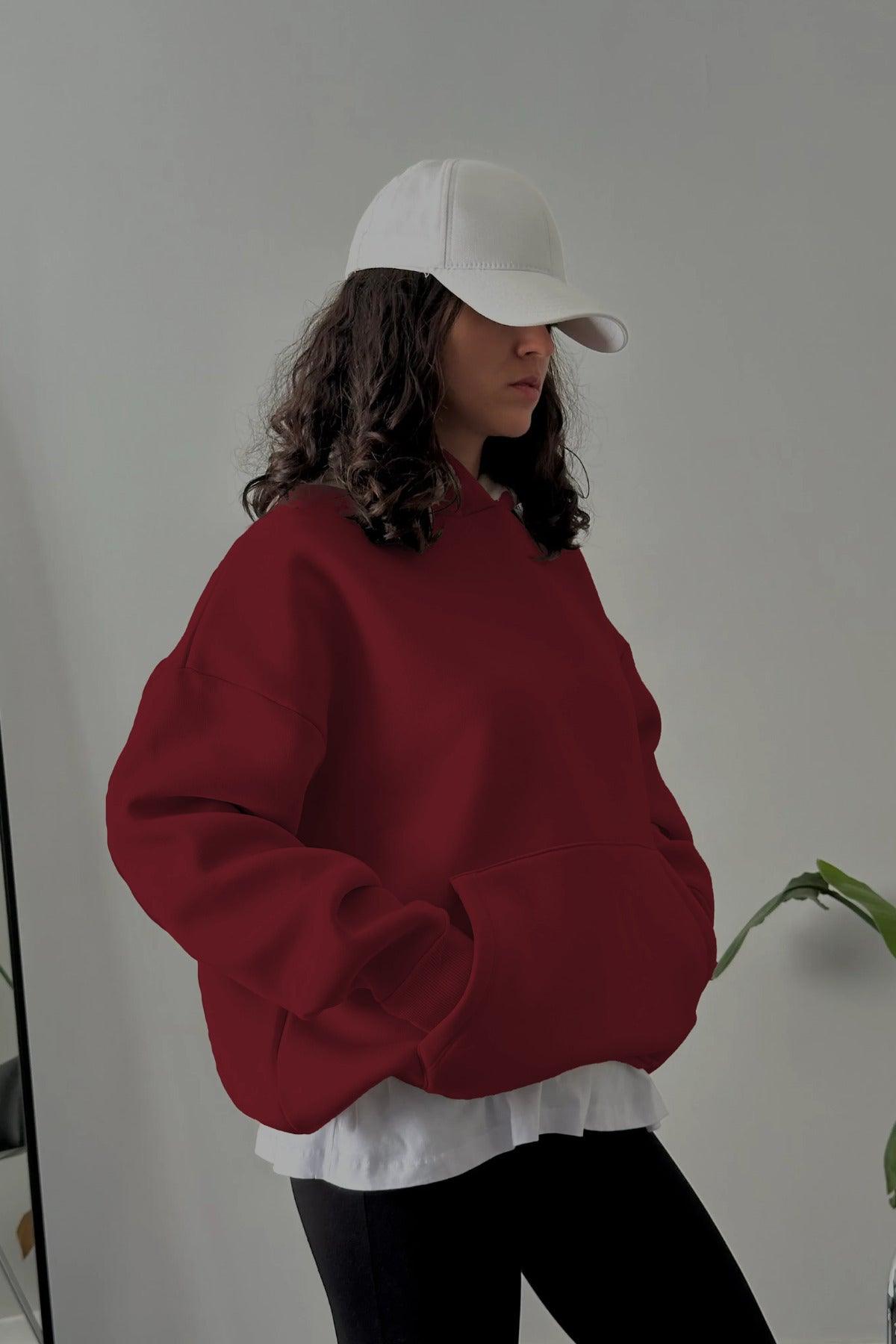 Kadın Kapşonlu Kalın Kanguru Cepli Sweatshirt - Bordo - 4