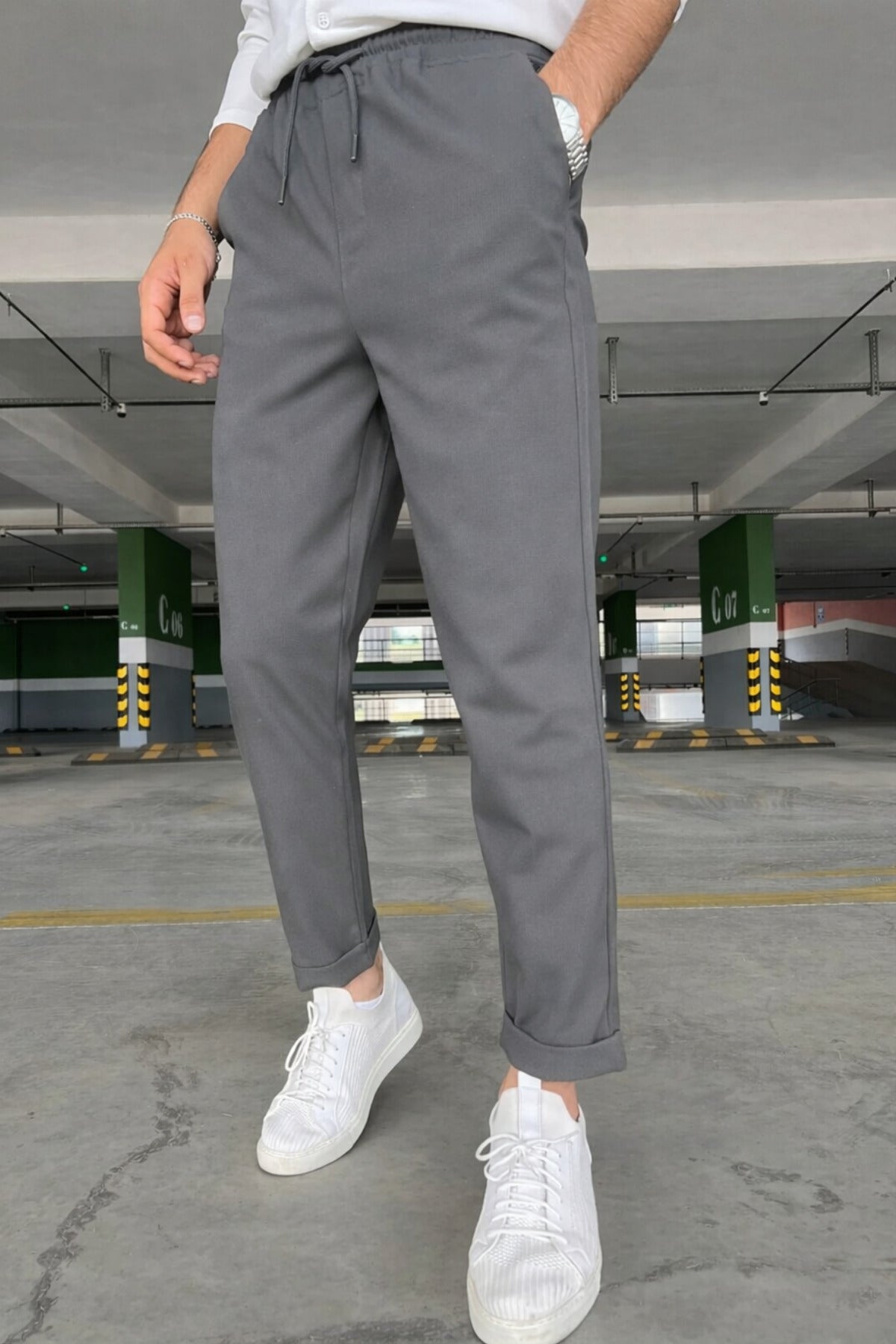 Erkek Regular Fit Beli Lastikli Bağcıklı Jogger Yan Cepli Rahat Kesim Pantolon - Gri - 2
