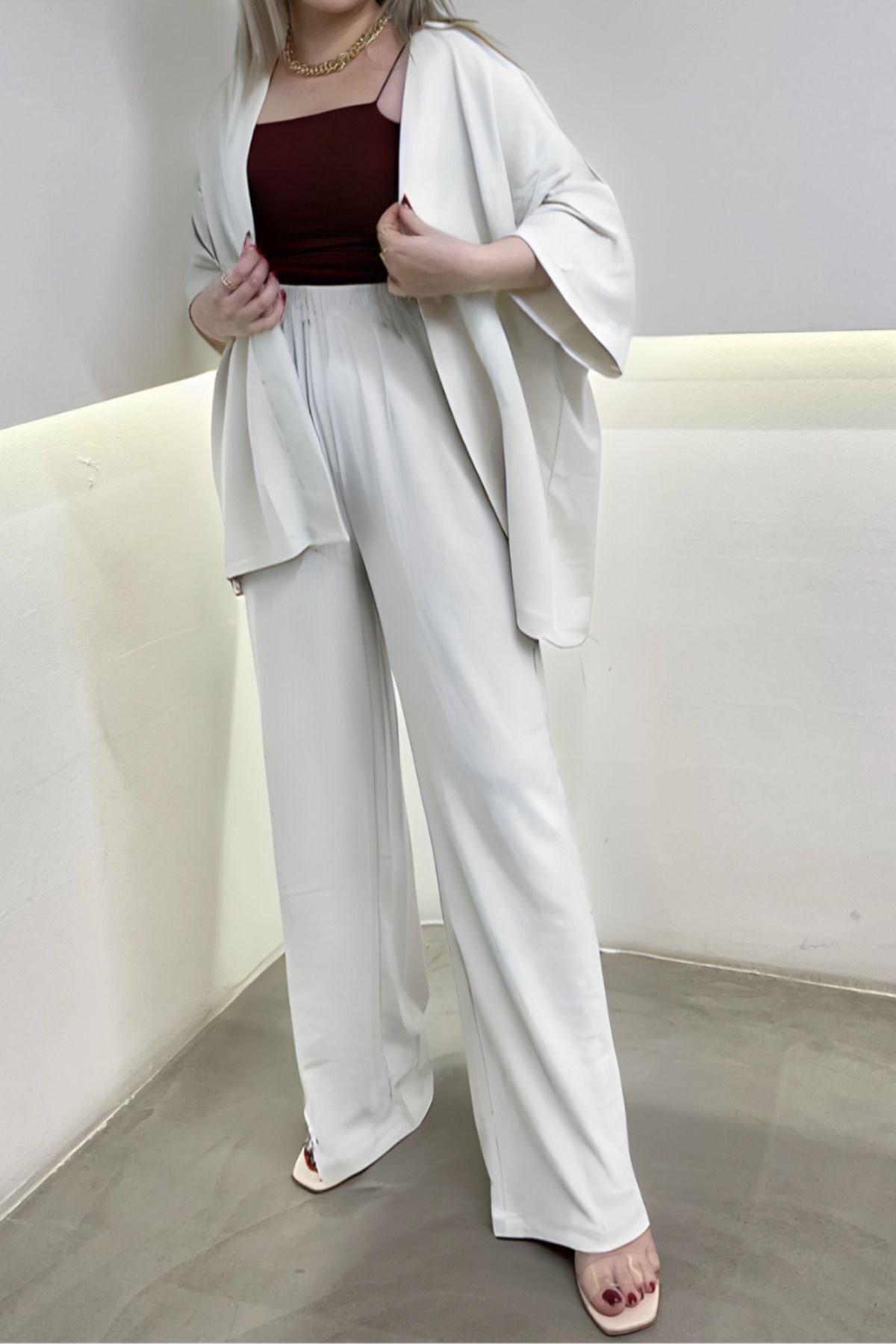Kadın Bol Paça Kimono Alt Üst Takım - Beyaz - 1