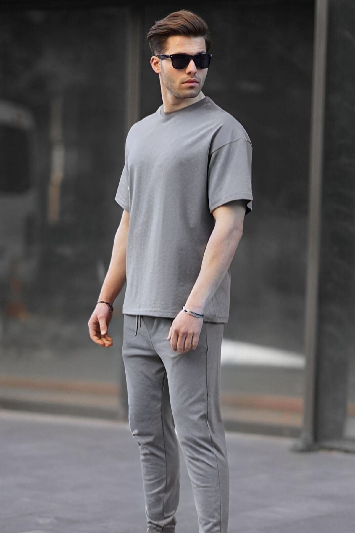 Erkek Rahat Yazlık Penye Oversize T-shirt Pijama Takımı - Füme - 2