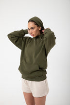 Kadın Haki İ̇çi Polar Sweatshirt Kapşonlu Cepli Günlük Stil Oversize Hoodie - Haki - 1