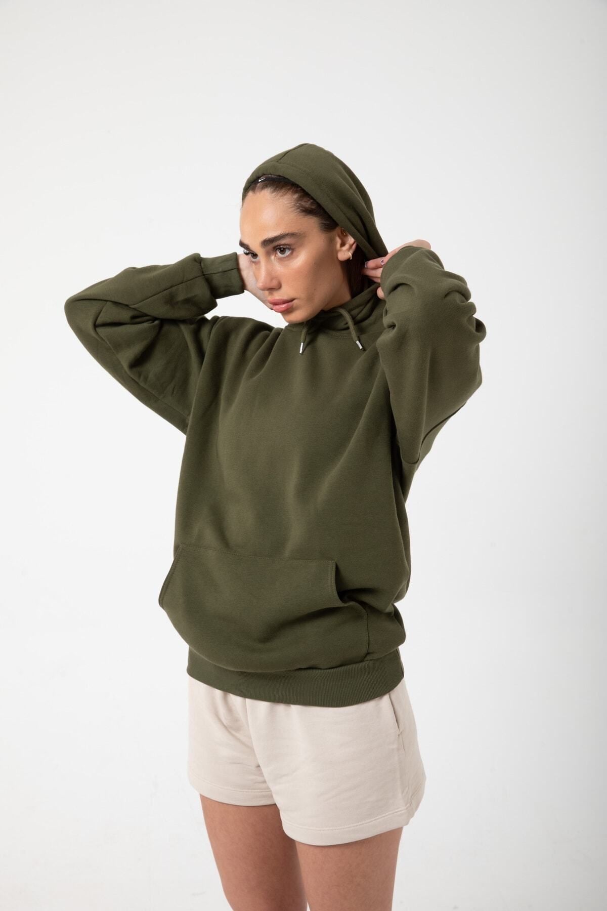 Kadın Haki İ̇çi Polar Sweatshirt Kapşonlu Cepli Günlük Stil Oversize Hoodie - Haki - 1