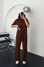 Kadın Modal Penye Yüksek Bel Oversize Alt Üst Takım - Kahverengi - 1