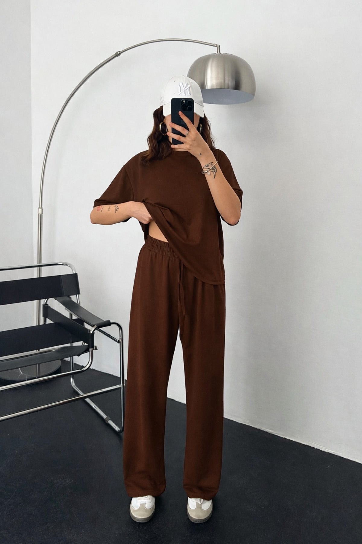 Kadın Modal Penye Yüksek Bel Oversize Alt Üst Takım - Kahverengi - 1