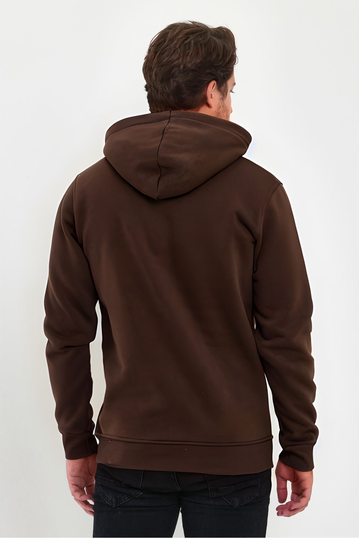 Unisex Basic Kahve Hoodie 3 İ̇plik Oversize Kapüşonlu Kangru Cepli Sweatshirt - Kahverengi - 3