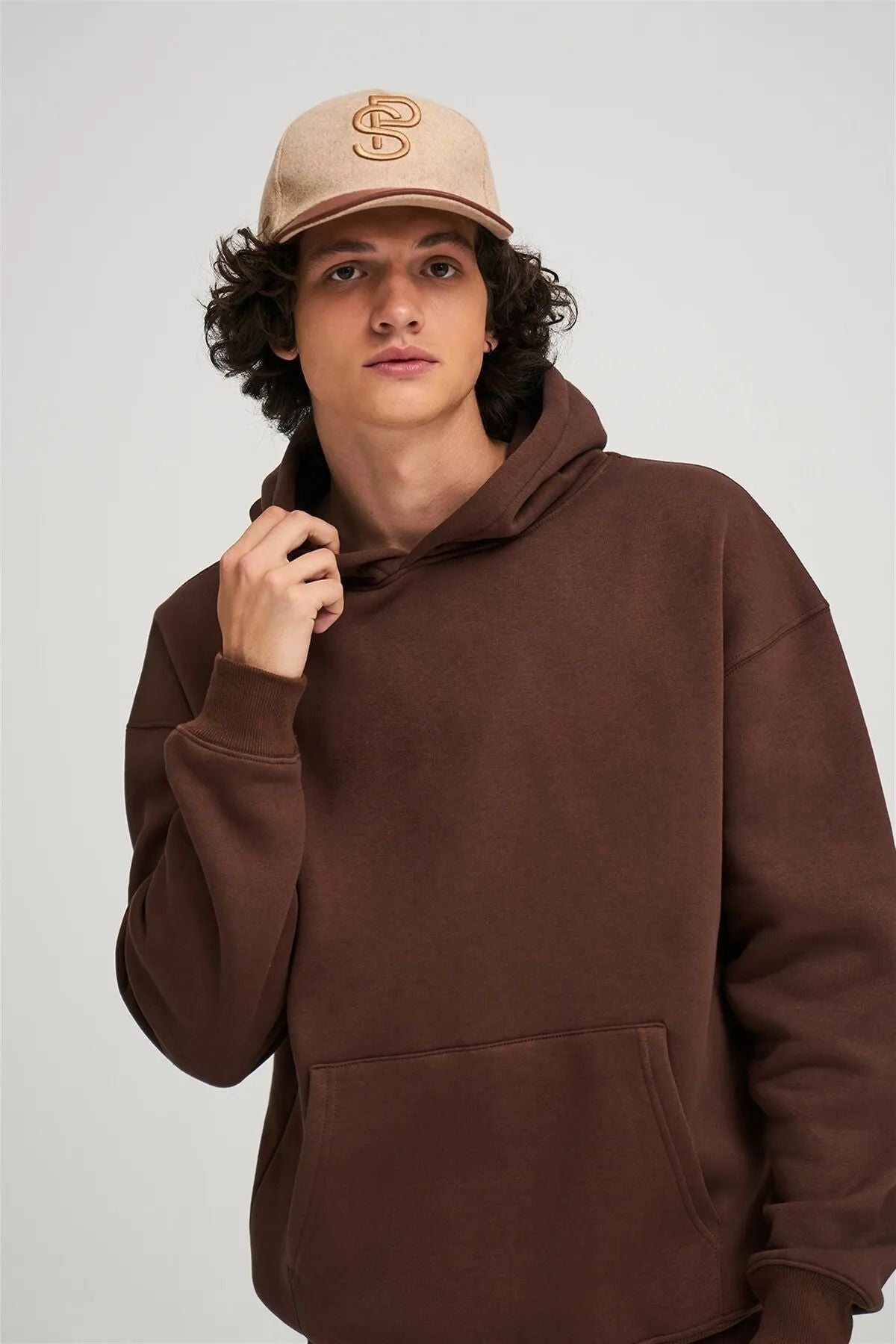 Unisex Oversize Kapşonlu Hoodie Pamuklu Kahve Sweatshirt - Kahve - 5