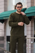 Kalın Bisiklet Yaka Paçası Lastikli Eşofman Takımı - Haki - 3